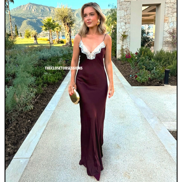 ZARA Blogger Favorite Satin-Effect Lace Maxi Dress NWT – Burgundy, Size M & L - Picture 13 of 16